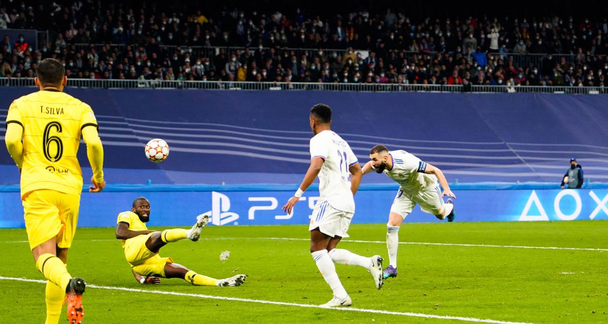 Le but du 2-3 inscrit par Benzema contre Chelsea avec Rüdiger au sol
