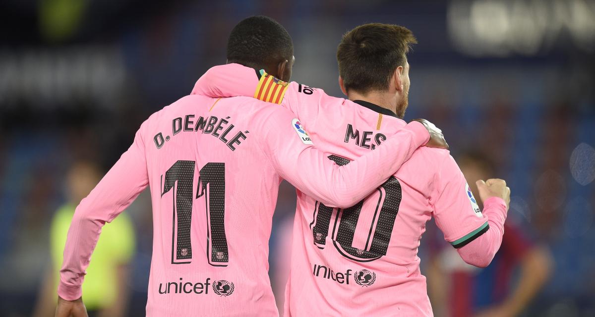 Lionel Messi et Ousmane Dembélé avec le maillot du Barça en mai 2021