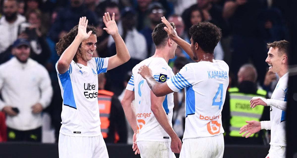 Les joueurs marseillais célébrant leurs buts face à Lorient 